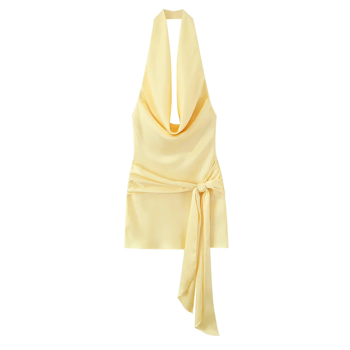 Sexy Backless Yellow Satin Mini Dresses Halter Tie Waist Cocktail Party Summer Vestidos