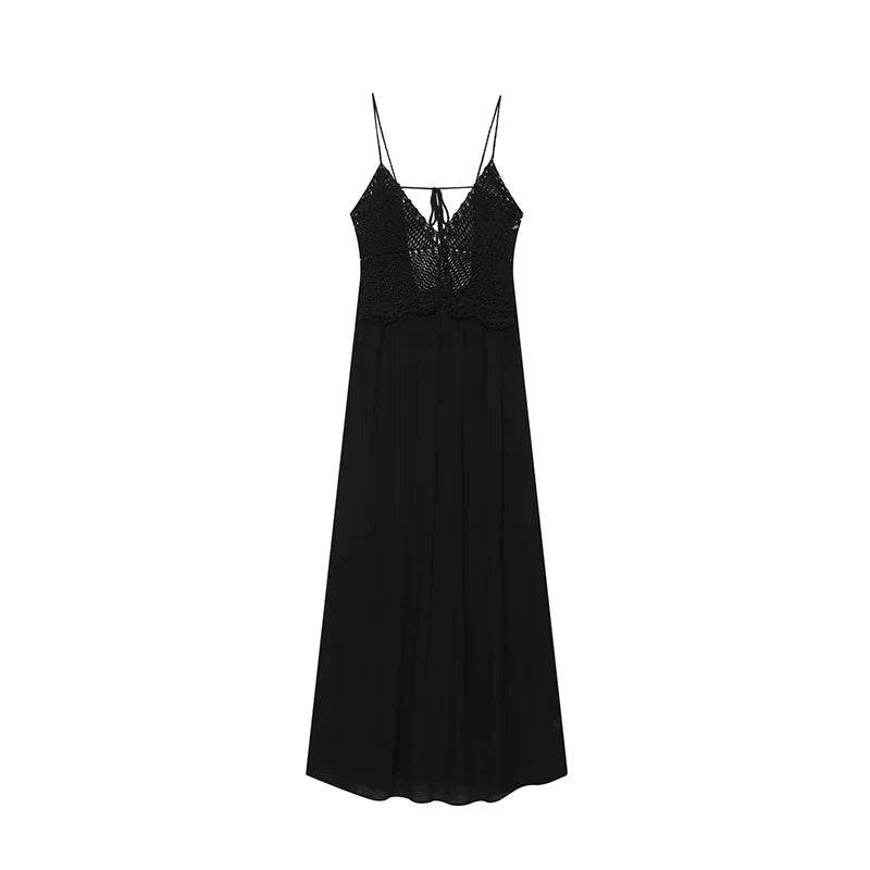 Summer Black Crochet Patchowrk Sling Maxi Dresses