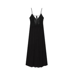 Summer Black Crochet Patchowrk Sling Maxi Dresses