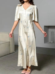 Sweet Printed Satin V-neck Short Sleeved Waist Cinched Dresses