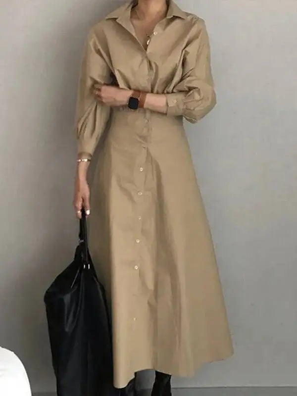Retro Street Lapel Long Sleeve Shirts Dresses Autumn Slimming Waist Maxi Dresses 19DB2620