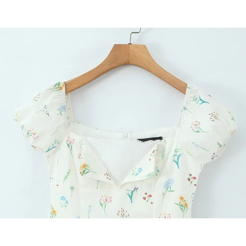 Pretty Girl Sweet Floral Print Summer Dresses Vintage Puff Sleeve A-line Mini Holiday Dresses