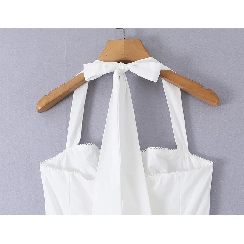 Elegant Retro White Halter Midi Dresses