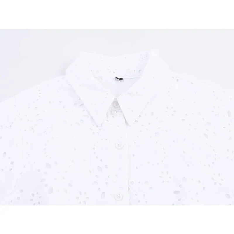 Hollow Out Embroidery White Shirt Dresses