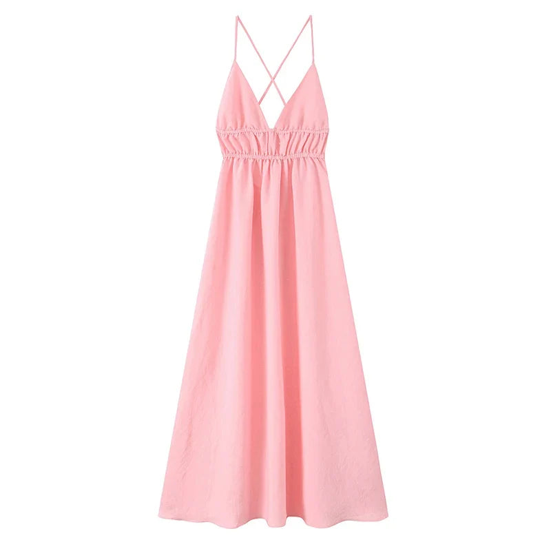 Sexy Spaghetti Straps Backless Flowy Midi Dresses