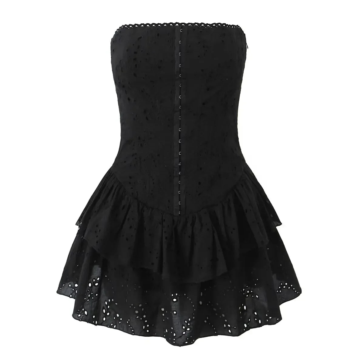 Sexy Hollow Out Embroidery Strapless Dresses Front Buckle Fit And Flare Party Mini Dresses Black White Cotton Robe