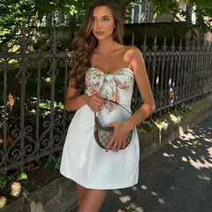 Summer Sexy Off Shoulder Printed Scarf Short Dresses Elegant White Strapless Mini Dresses
