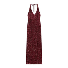 Backless Halter V Neck Sequin Long Dresses