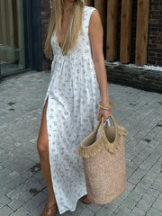Casual Printed V-neck Sleeveless Single Breasted Dresses