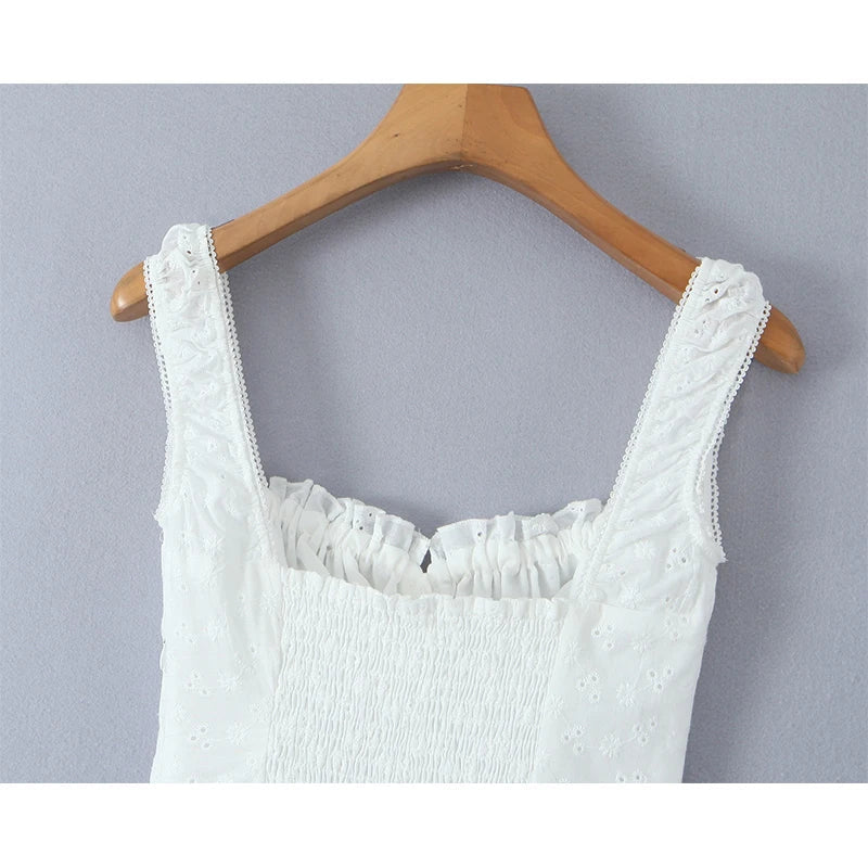 Sweet Floral Embroidery White Tank Dresses