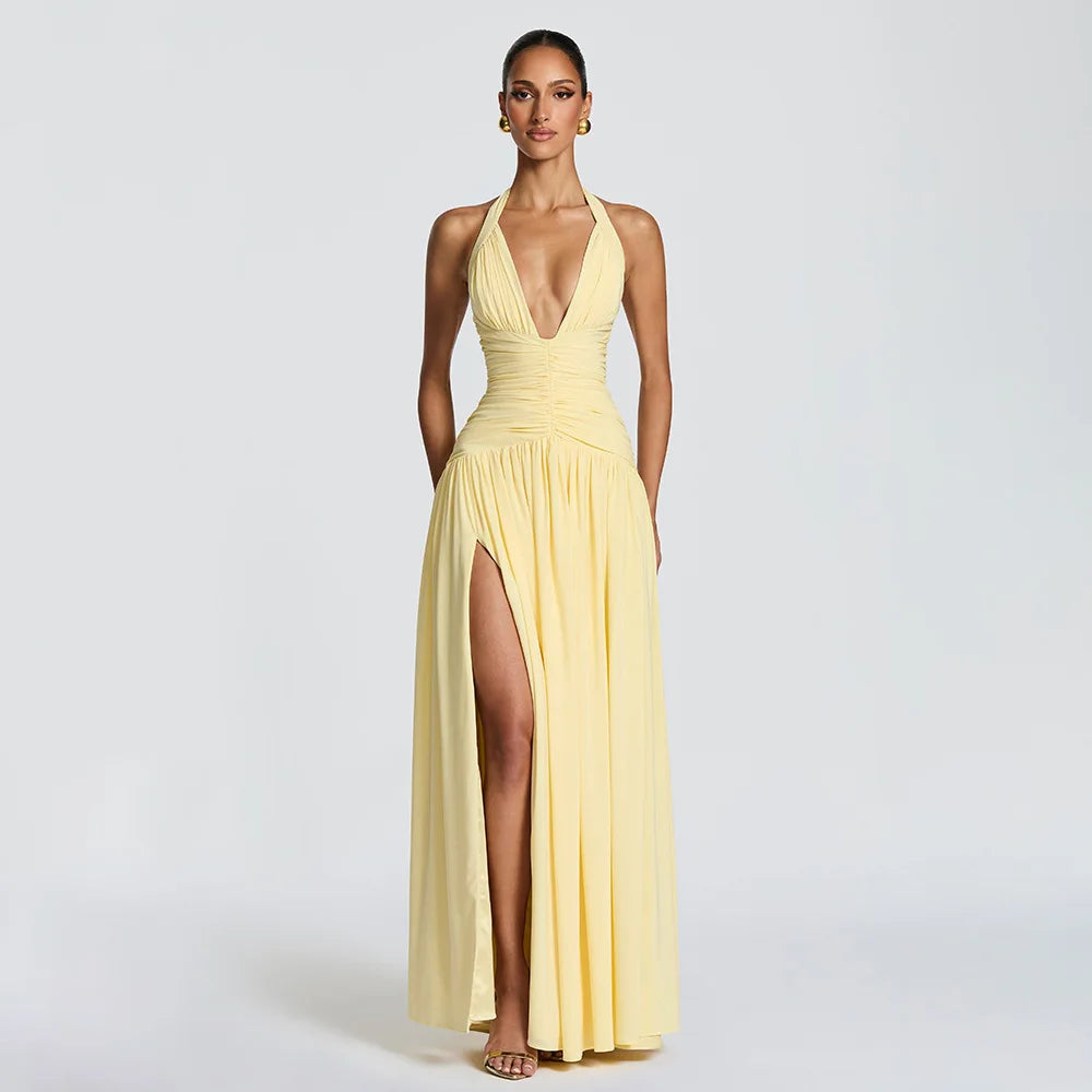 Temperament Hanging Neck Exposed Back Pleated Waist Slit Dresses