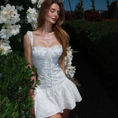 Sweet Floral Embroidery White Tank Dresses