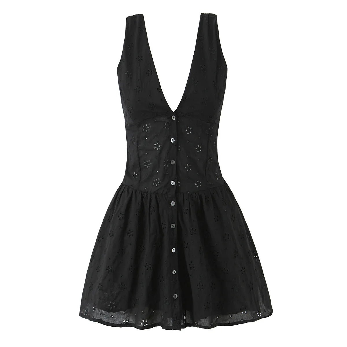 Front Button Sleeveless V Neck Floral Embroidery Black Dresses