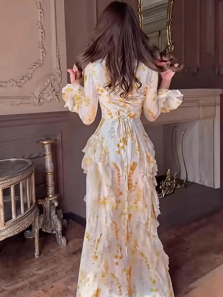 Sweet Printed High Neck Flared Sleeve Ruffle Splicing Dresses