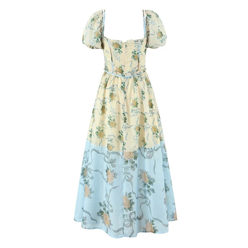 Patchwork Floral Print Boho Summer Dresses Vintage Puff Sleeve A-line Midi Chiffon Dresses