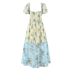 Patchwork Floral Print Boho Summer Dresses Vintage Puff Sleeve A-line Midi Chiffon Dresses