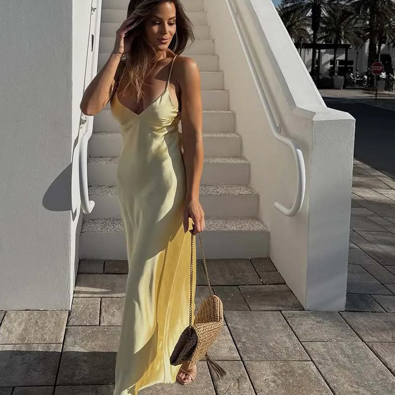 Yellow Satin Spaghetti Straps Sexy Dresses