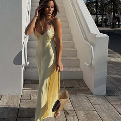 Yellow Satin Spaghetti Straps Sexy Dresses