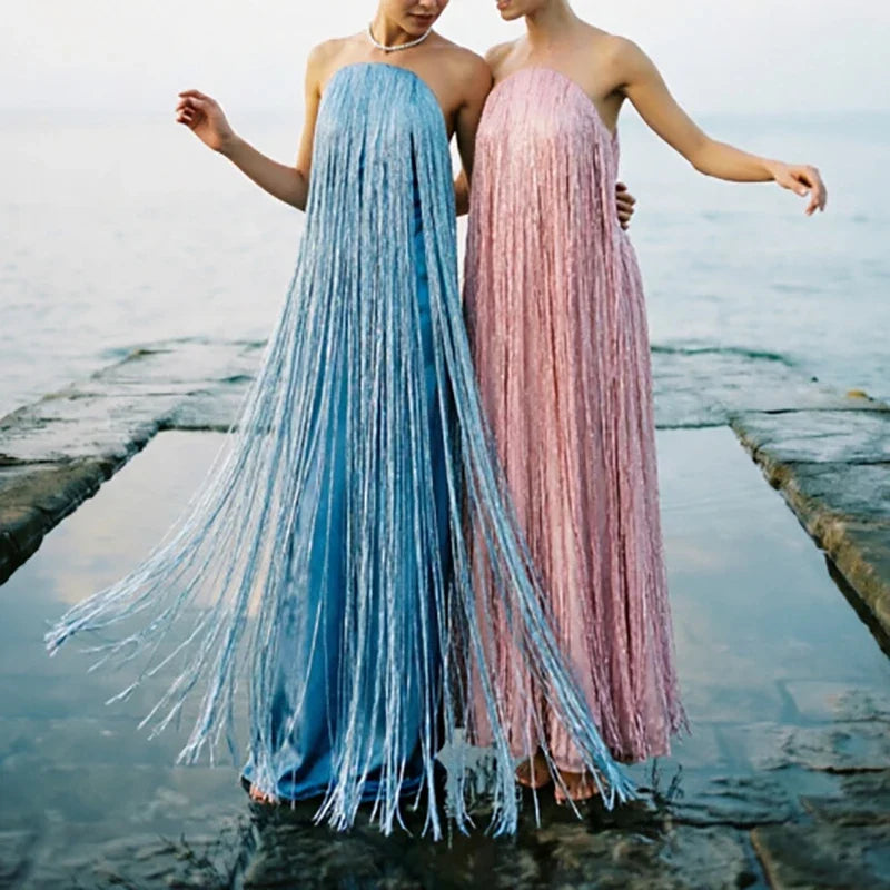 French Style Strapless Tassel Evening Dresses