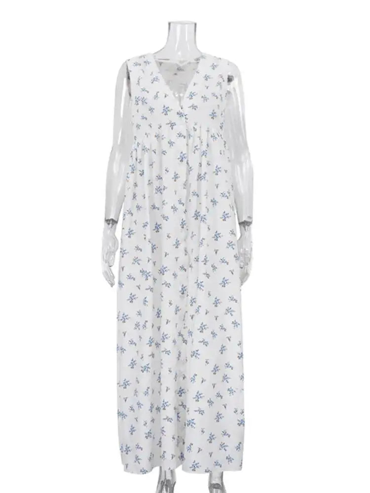 Casual Printed V-neck Sleeveless Single Breasted Dresses