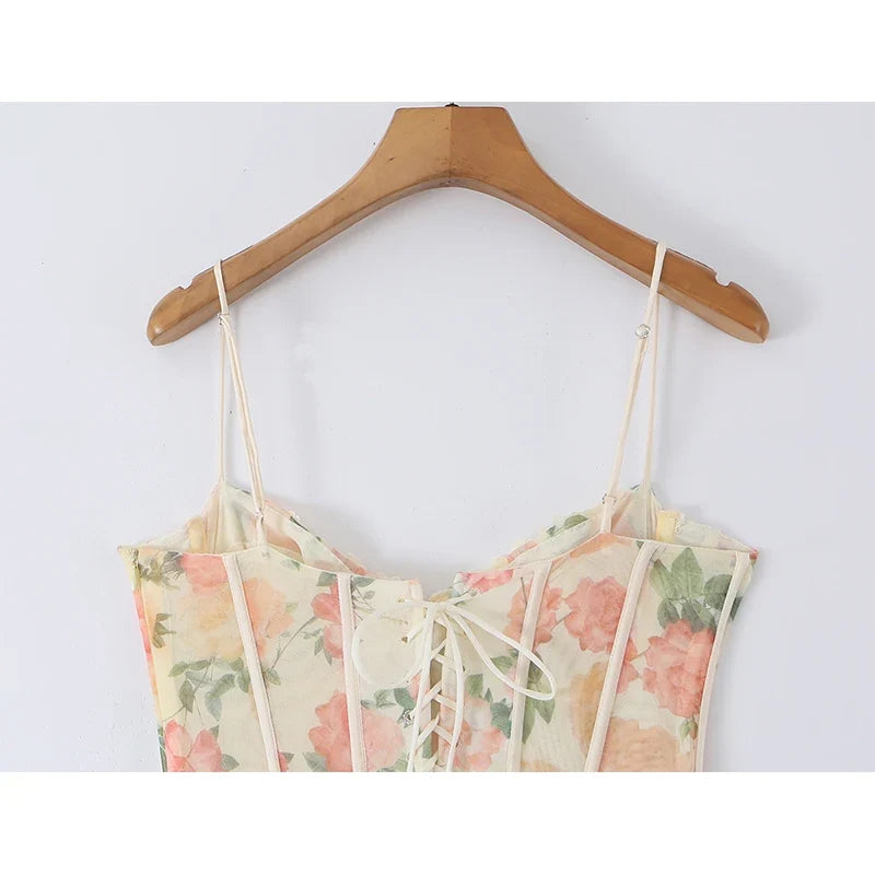 Sexy Romantic Floral Print Corset Maxi Dresses