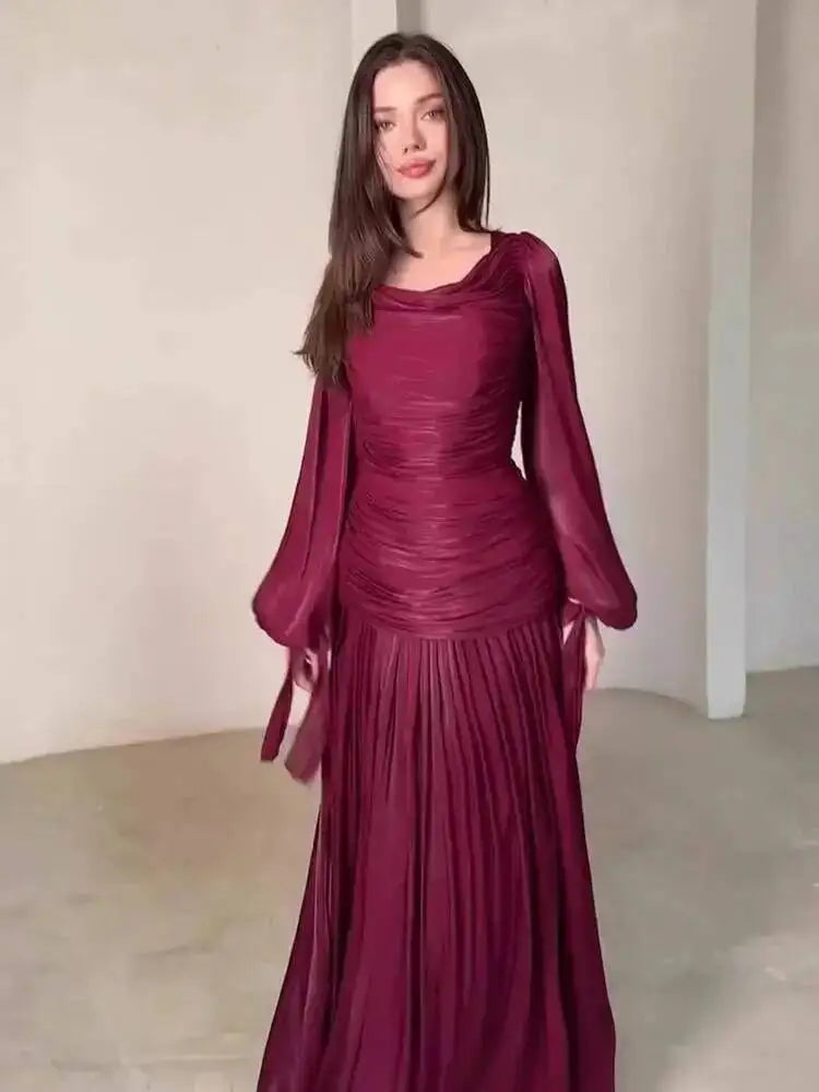 Elegant Round Neck Long Sleeved Pleated Waist Slimming Patchwork Dresses
