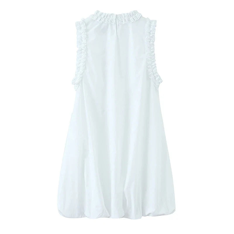 Summer Ruffle O Neck Sleeveless A-line Mini White Dresses Sexy Casual Vestidos