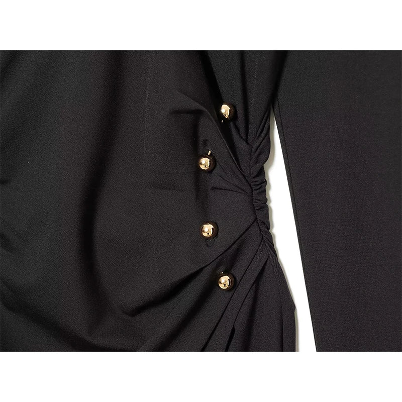 Spring Side Button Draped Pencil Sexy Elegant Dresses Long Sleeve V Neck Black Female Vestidos