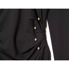Spring Side Button Draped Pencil Sexy Elegant Dresses Long Sleeve V Neck Black Female Vestidos