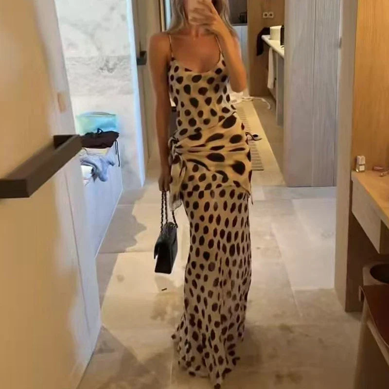 Ladies Sexy Backless Cocktail Party Dresses Summer Polka Dot Print Long Dresses