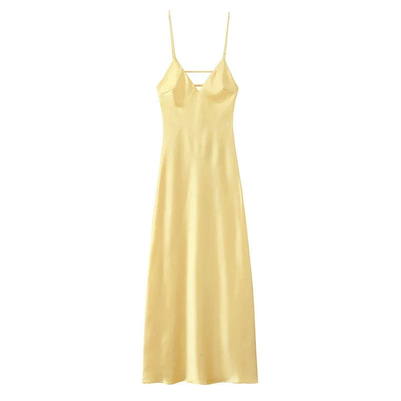 Yellow Satin Spaghetti Straps Sexy Dresses