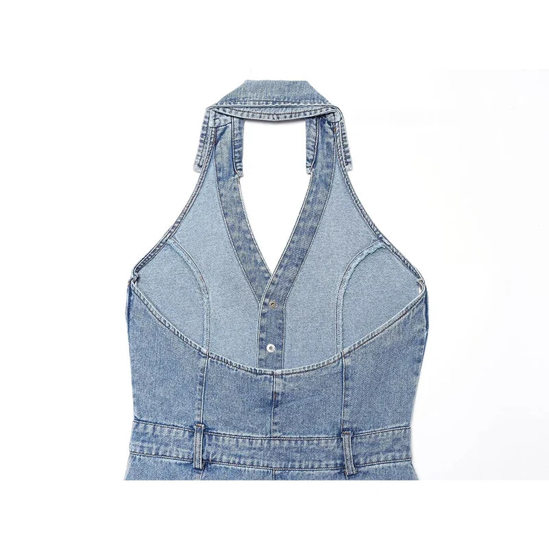 Light Blue Denim Halter Mini Dresses