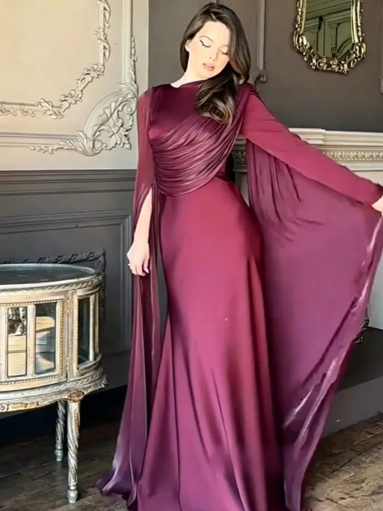 Elegant Round Neck Long Sleeved Asymmetrical Waist Slimming Dresses