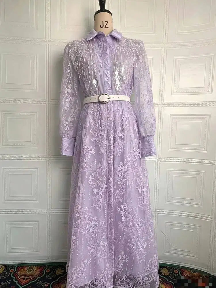 Summer Printed Lapel Long Sleeve Waist Dresses