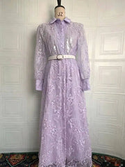 Summer Printed Lapel Long Sleeve Waist Dresses