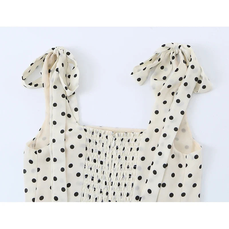 Summer Tie Strap Square Neck Polka Dot Dresses Slit Hem A-line Elegant Retro French Dresses