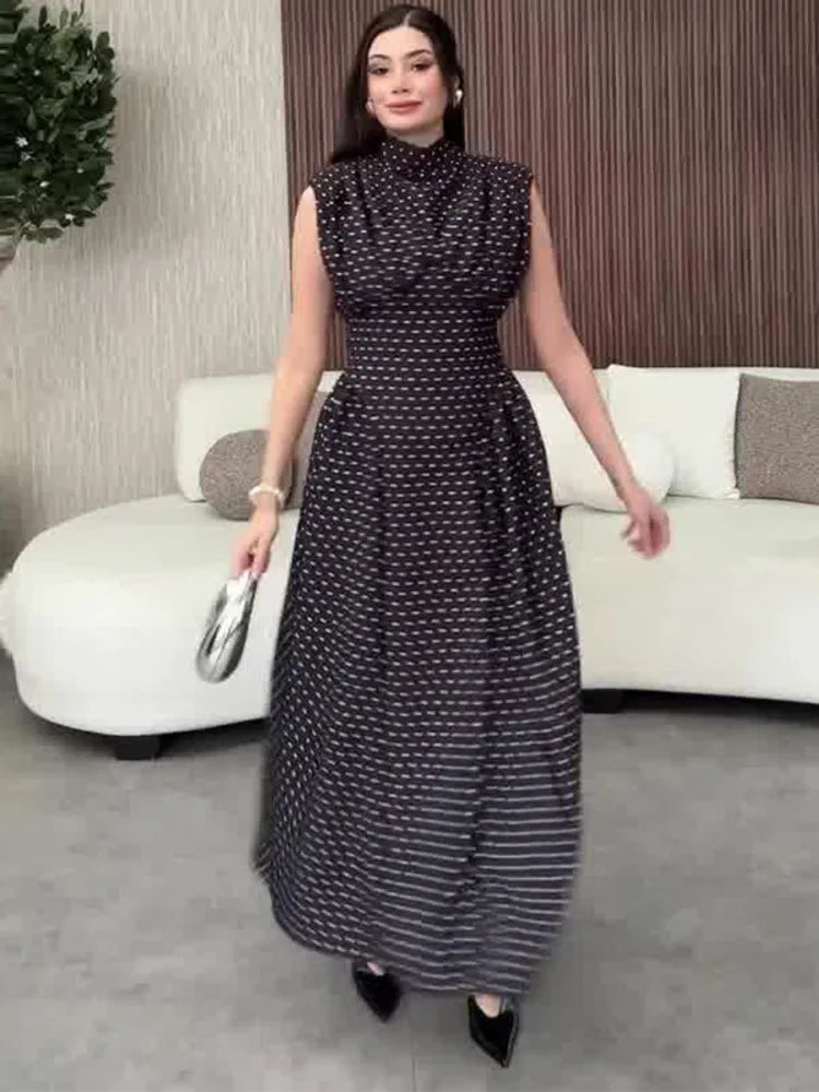 Office Lady Wave Point Stand Up Collar Bandage Sleeveless Waist Cinched Dresses