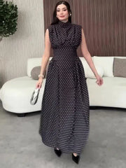 Office Lady Wave Point Stand Up Collar Bandage Sleeveless Waist Cinched Dresses