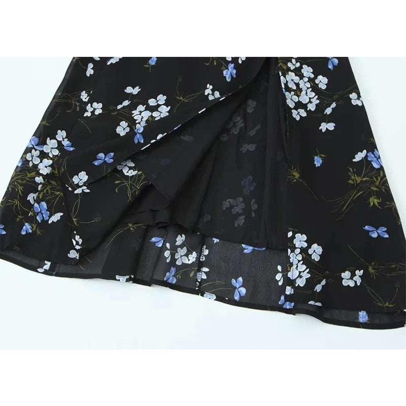 Summer French Style Retro Floral Print Sling Dresses Sexy Hem Slit High Waist A-line Midi Dresses