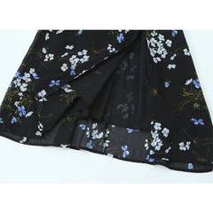 Summer French Style Retro Floral Print Sling Dresses Sexy Hem Slit High Waist A-line Midi Dresses
