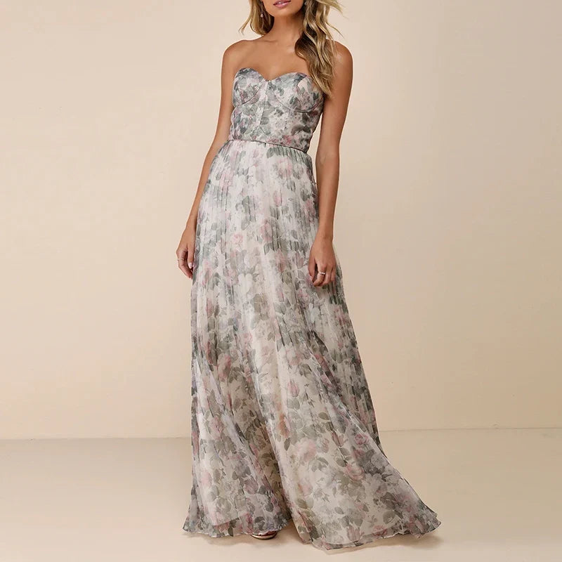 Female Casual Swing Holiday Party Dresses Strapless High Waist Pleated Bohemian Dresses