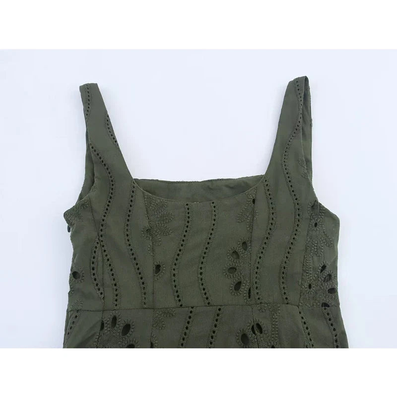 Summer Hollow Out Embroidery Midi Dresses Round Neck Wide Straps A-line Holiday Casual Dresses