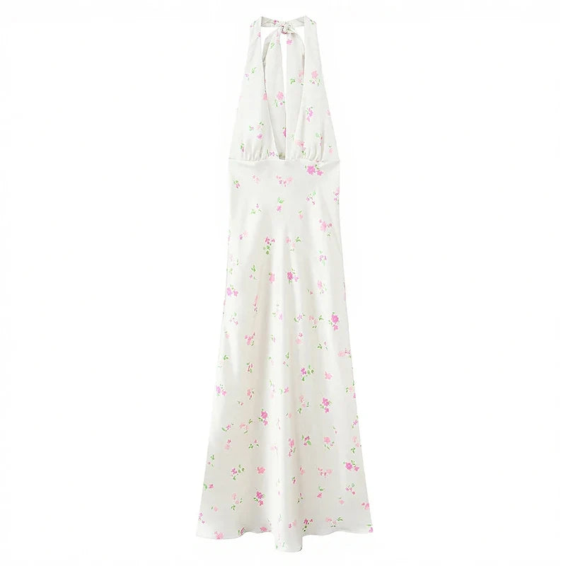Elegant High Waist Floral Print Halter Maxi Dresses