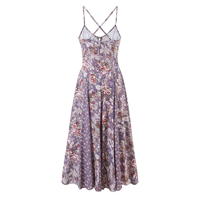 Purple Floral Print Big Swing Sling Boho Dresses