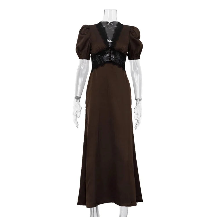 Fashionable Lace Patchwork V-neck Bubble Sleeve High Waisted Dresses