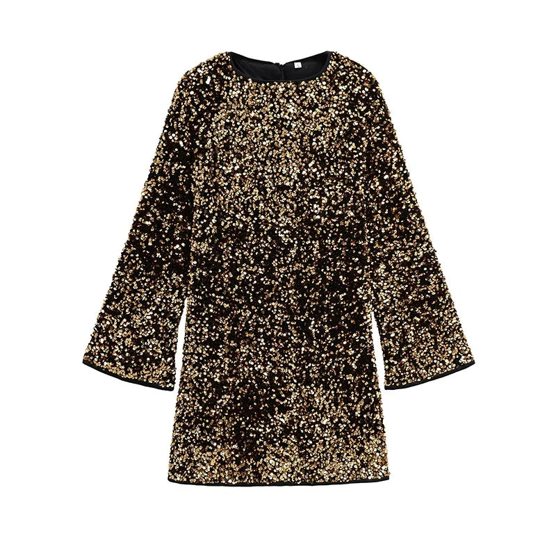 Long Sleeve O Neck Sequin Mini Dresses
