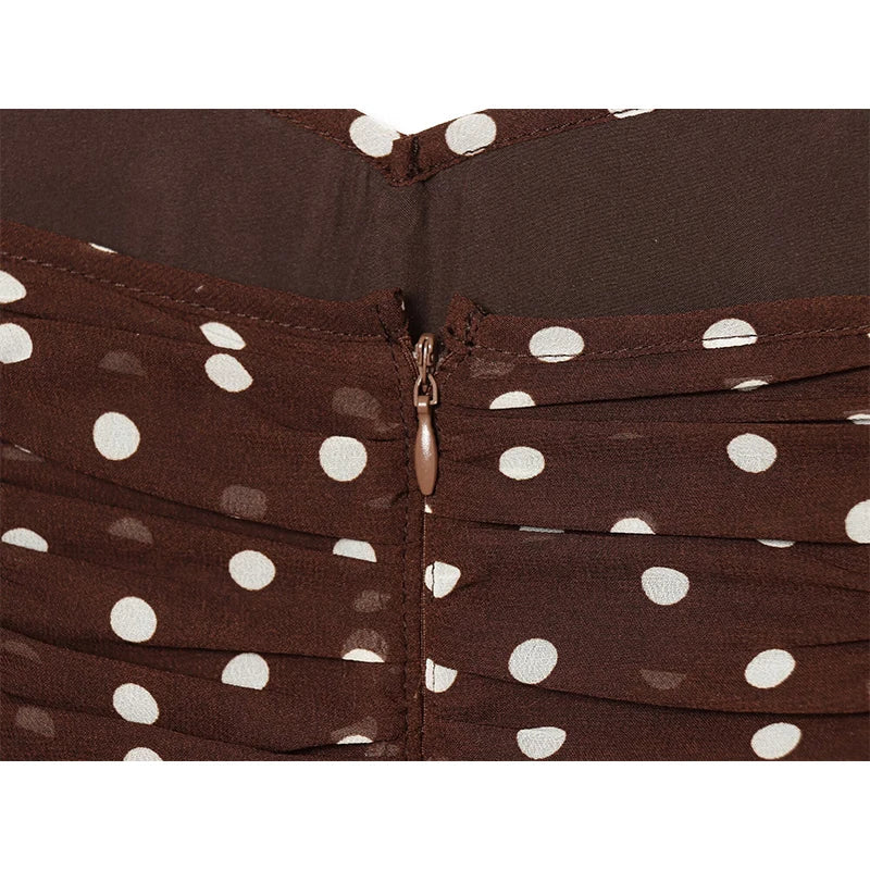 Summer Brown Polka Dot Spaghetti Strap Ruched Front Chiffon Midi Dresses