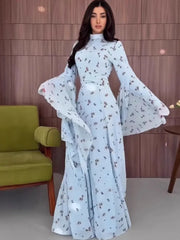 Summer Turtleneck Long Flare Sleeves Printing Elegant Waist-Cinching Formal Dresses