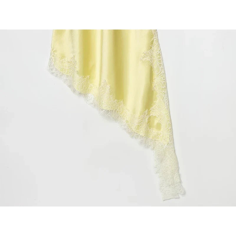 Lace Patchwork Asymmetric Sling Sexy Dresses Yellow Vestidos