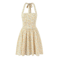 French Retro Floral Print Sexy Backless Halter Dresses